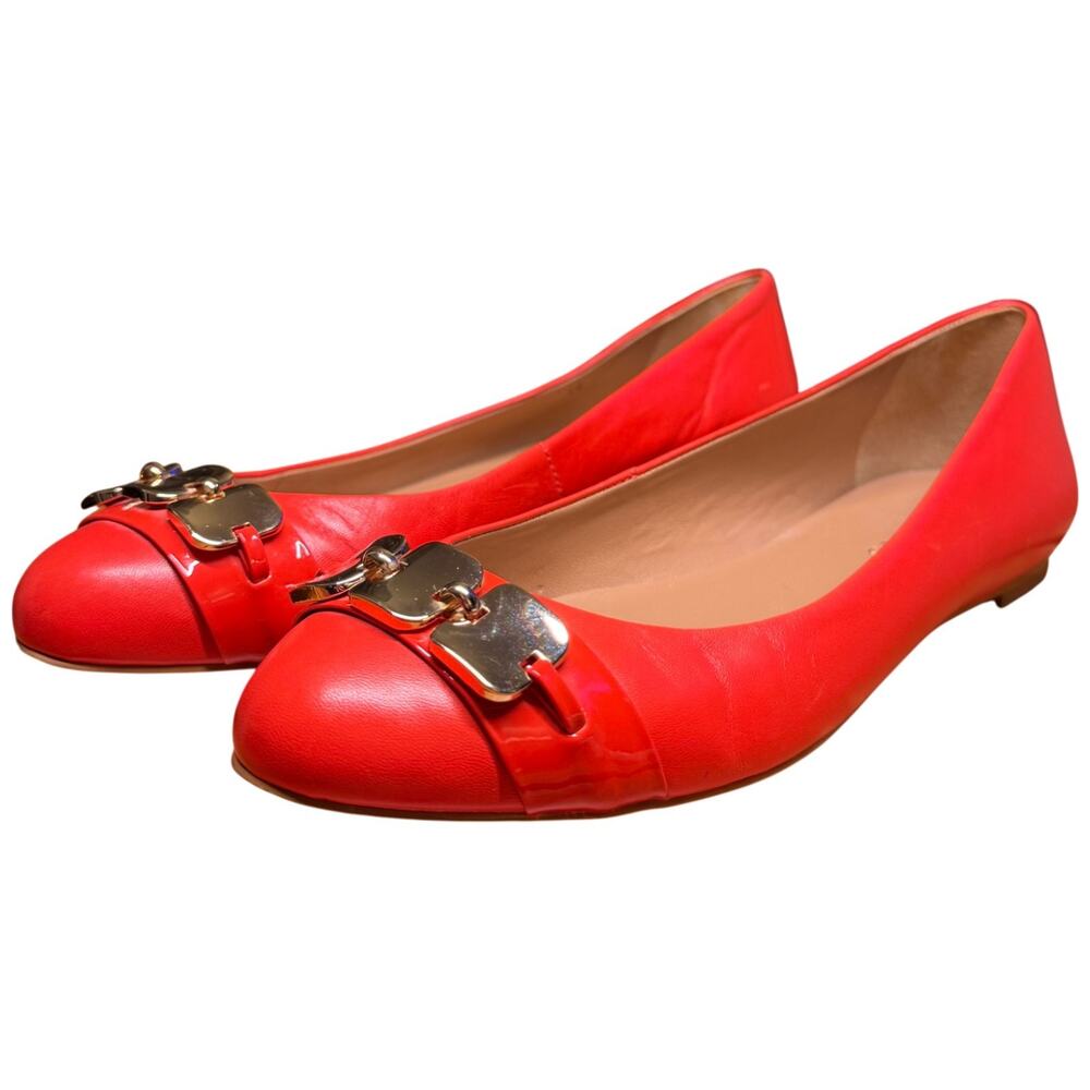 TALBOTS Women 8B Cherry Orange Leather Shoes Gold Detail Ballet Flats